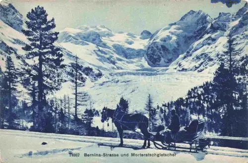 AK / Ansichtskarte Morteratschgletscher GR Morteratschgletscher Bernina-Strasse Pferdeschlitten Winterlandschaft Nadelwald Schnee Bergmassiv