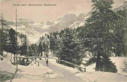 AK / Ansichtskarte Morteratsch GR Morteratsch-Restaurant Schnee Winter Berge Gletscher Baeume Winterweg