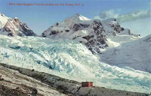 AK / Ansichtskarte Tschiervahuette 2580m Piz Roseg GR Tschiervahuette Piz-Roseg Gletscher Berghuette Ober-Engadin Schnee Eisbruch