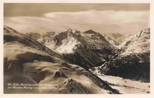 AK / Ansichtskarte Muottas-Kulm Muottas Muragl Muottas Murail 2453m GR Piz-Palue Berninagruppe Roseggebiet Schnee Berge Winter Engadin Tal Wald