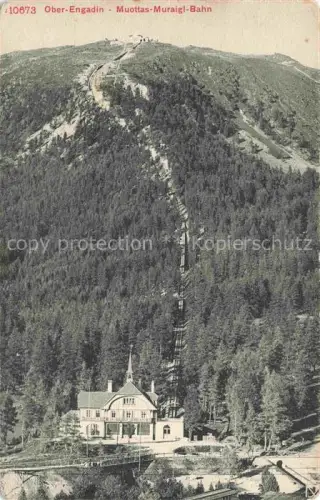 AK / Ansichtskarte Muottas-Kulm Muottas Muragl Muottas Murail 2453m GR Muottas-Muraigl-Bahn Standseilbahn Talstation Berg Wald Haus Engadin