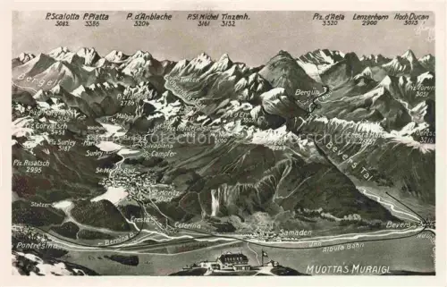 AK / Ansichtskarte Muottas-Kulm Muottas Muragl Muottas Murail 2453m GR Panoramakarte Berggipfel St-Moritz Silvaplana Sils Samaden Pontresina Celerina Berguen Engadin