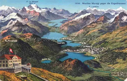 AK / Ansichtskarte Muottas-Kulm Muottas Muragl Muottas Murail 2453m GR Engadinerseen Panoramakarte St-Moritz Silvaplana Celerina Statzer-See Maloja Piz-Rosatsch Schweizer-Flagge Bergell