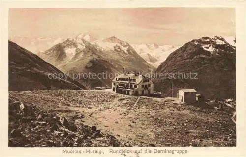 AK / Ansichtskarte Muottas Muragl Muottas Murail 2453m GR Berninagruppe Berghotel Rundblick Alpen Gletscher Gebirge Felsen