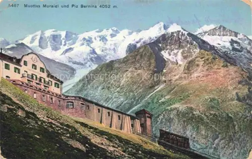 AK / Ansichtskarte Muottas Muragl Muottas Murail 2453m GR Berghotel Piz-Bernina Standseilbahn Alpen Gletscher Gebirge Felsen