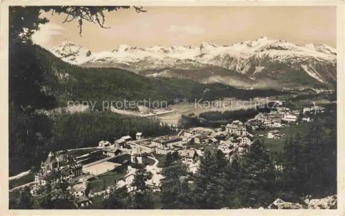 AK / Ansichtskarte Pontresina Maloja GR Ortschaft Engadin Bergpanorama Gletscher Schneegipfel Waelder Haeuser Kirche