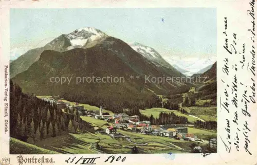 AK / Ansichtskarte Pontresina Maloja GR Ortschaft Tal Bergpanorama Gletscher Schneegipfel Waelder Wiesen Kirche