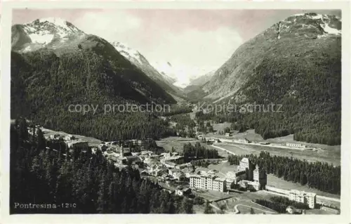 AK / Ansichtskarte Pontresina Maloja GR Ortschaft Rosegtal Bergpanorama Gletscher Schneegipfel Waelder Hotels Kirche