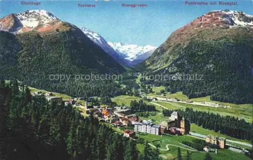 AK / Ansichtskarte Pontresina Maloja GR Rosegtal Chalchagn Tschierva Roseggruppe Ortschaft Bergpanorama Gletscher Hotels Kirche