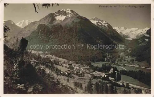 AK / Ansichtskarte Pontresina Maloja GR Piz-Palue Roseggruppe Ortschaft Bergpanorama Gletscher Schneegipfel Waelder Hotels