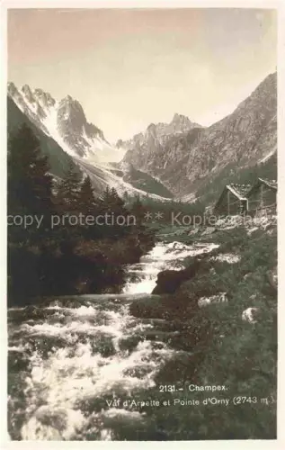 AK / Ansichtskarte Lac Champex Entremont VS Val-d Arpette Pointe-d Orny Bergbach Gebirge Schnee Wald Huette Wasserfall