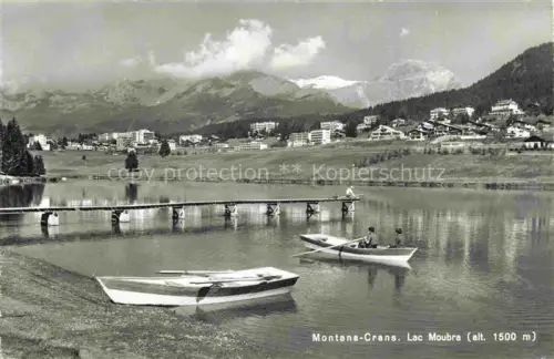 AK / Ansichtskarte Montana Crans-Montana VS Lac-Moubra Ruderboot Steg Dorf Alpen Bergsee Tannenwald Hotelgebaeude