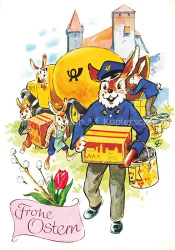AK / Ansichtskarte Boxdorf NueRNBERG Mittelfranken Bayern Frohe-Ostern Osterhase Postbote Postauto Lebkuchenfabrik Tulpe Burg Illustration