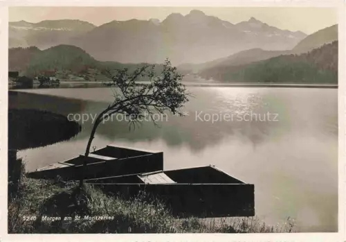 AK / Ansichtskarte St Moritz  SANKT MORITZ GR St-Moritzersee See Boote Bergpanorama Morgenlandschaft Birke Engadin