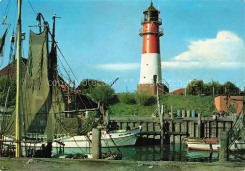 AK / Ansichtskarte BueSUM Nordseebad Schleswig-Holstein Leuchtturm Fischerboote Hafen Netze Nordsee Heilbad