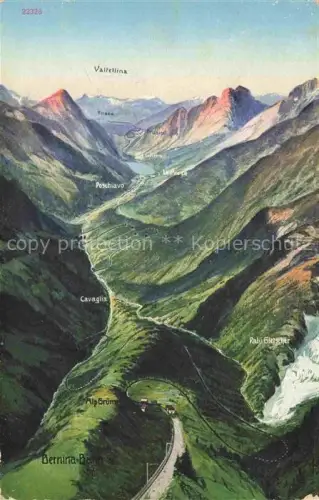 AK / Ansichtskarte Alp Gruem Bernina GR Bernina-Bahn Vogelschau Eisenbahn Palu-Gletscher Valtellina Tirano Bergpanorama Schienen