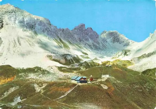 AK / Ansichtskarte Ulmerhuette Ulmer-Huette 2280m Vorarlberg AT Ulmer-Huette Valluga Jahnturm Bergstation Seilbahn Berghuette Felsen Schnee Berglandschaft