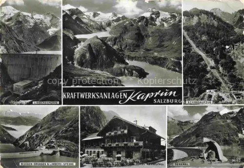 AK / Ansichtskarte Kaprun Pinzgau-Pongau Salzburg AT Kraftwerksanlagen Limbergsperre Mooser-Drossen Staumauer Stausee Schraegaufzug Hotel-Kesselfall Denkmal Berglandschaft