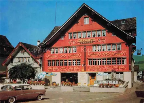 AK / Ansichtskarte Appenzell-Stadt IR Hotel-Saentis Gasthof Fassadenmalerei Appenzellerstil Sonnenschirme Auto Blumenkasten