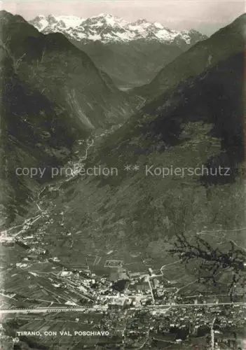 AK / Ansichtskarte Tirano Sondrio Lombardia IT Val-Poschiavo Tal Bergpanorama Schneegipfel Gebirge Luftaufnahme Stadtansicht Felder