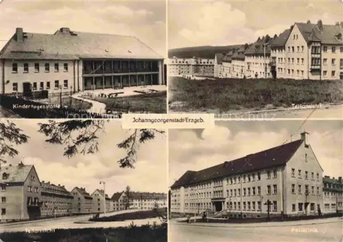 AK / Ansichtskarte Johanngeorgenstadt Erzgebirgskreis Sachsen Kindertagesstaette Poliklinik Teilansicht Wohnbloecke Neubau Erzgebirge