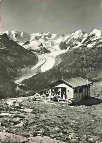AK / Ansichtskarte Paradis-Huette Berninagruppe Pontresina GR Paradis-Huette Berninagruppe Gletscher Schneeberge Berghuette Terrasse Wanderer