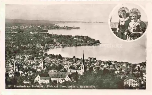 AK / Ansichtskarte RORSCHACH Bodensee SG Bodensee Panorama Horn Arbon Romanshorn Kirchturm Stadtansicht Tracht Frauentracht Medaillon