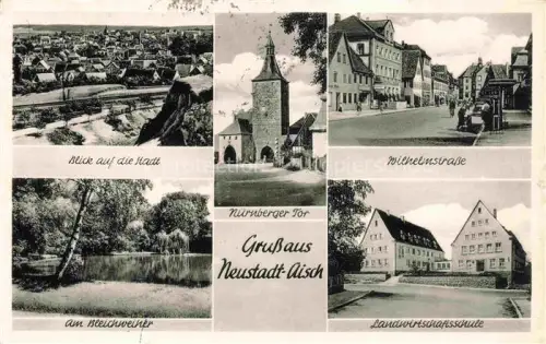 AK / Ansichtskarte Neustadt Aisch Bayern Nuernberger-Tor Wilhelmstrasse Bleichweiher Landwirtschaftsschule Stadtansicht Tor Strassenszene Teich
