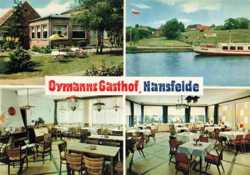 AK / Ansichtskarte Hansfelde Holstein Oymanns-Gasthof Terrasse Kanal Schiff Restaurant Speisesaal Trave