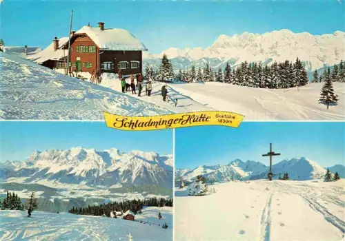 AK / Ansichtskarte Schladmingerhuette 1830m Dachstein AT Planei Dachsteingebirge Gipfelkreuz Dachsteinpanorama Berghuette Skifahrer Schnee Bergpanorama Wintersport
