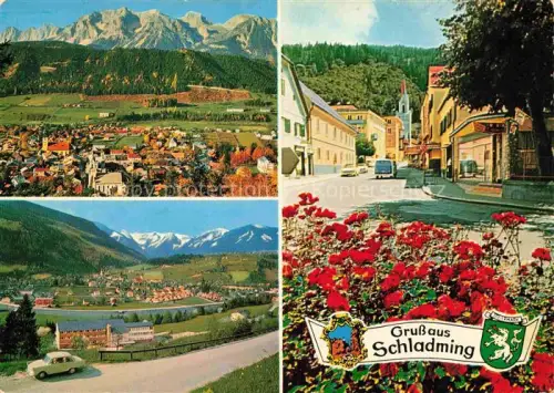 AK / Ansichtskarte Schladming Obersteiermark AT Dachsteingebirge Stadtstrasse Evangelische-Kirche Hochalpenstrasse Tauern Stadtansicht Blumenbeete Rosen Luftbild