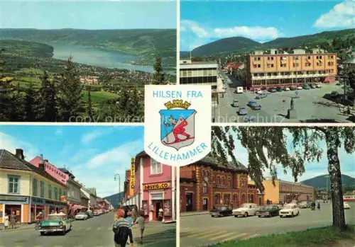 AK / Ansichtskarte Lillehammer Norge Mjøsa Seepanorama Stadtzentrum Nordstrand Doesvig-Co Bahnhof Autos Wappen Einkaufsstrasse