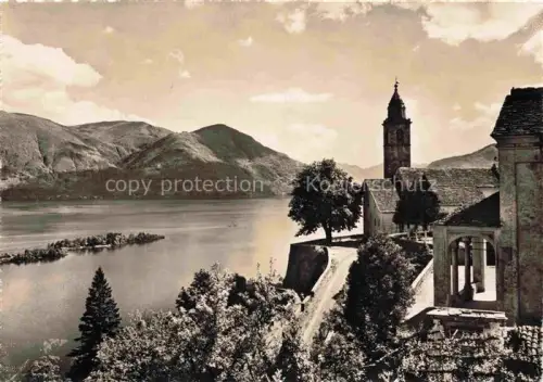 AK / Ansichtskarte Ronco Ascona Locarno Lago Maggiore TI Kirche Kirchturm See Berge Insel Baeume Ufer Weg