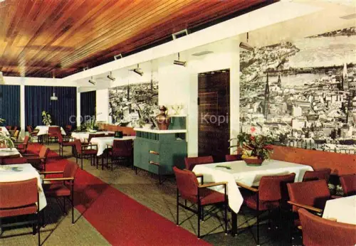 AK / Ansichtskarte Grossenbrode Ostseebad Schleswig-Holstein Hotel-Baltic Restaurant Speisesaal Esstische Stuehle Holzdecke Stadtpanorama-Wandbild Zimmerpflanzen Teppich Lampen