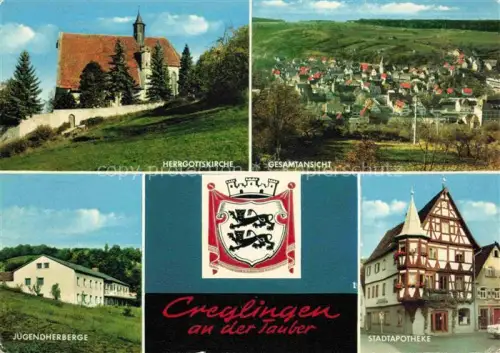 AK / Ansichtskarte Creglingen Main-Tauber-Kreis BW Herrgottskirche Jugendherberge Stadtapotheke Wappen Fachwerk Tauber Stadtansicht