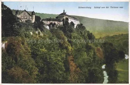 AK / Ansichtskarte Schwarzburg Rudolstadt Thueringen Schloss Schwarzatal Felsen Wald Fluss Terrasse handkoloriert