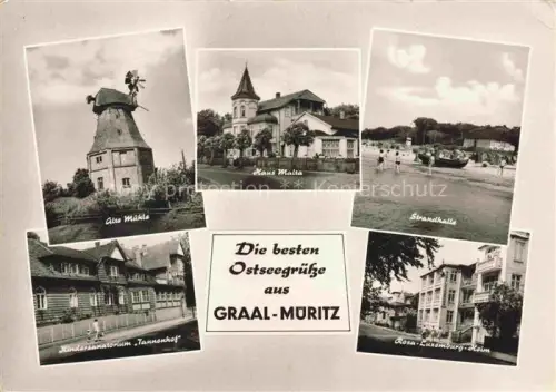 AK / Ansichtskarte Graal-Mueritz Ostseebad Bad Doberan Mecklenburg-Vorpommern Alte-Muehle Haus-Malta Strandkalle Kindersanatorium-Tannenhof Rosa-Luxemburg-Heim Strand Windmuehle Ostseebad Mehrbildkarte