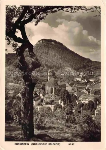 AK / Ansichtskarte Koenigstein Saechsische Schweiz Sachsen Kirche Stadtansicht Felsen Burg Baum Saechsische-Schweiz Wohnhaeuser