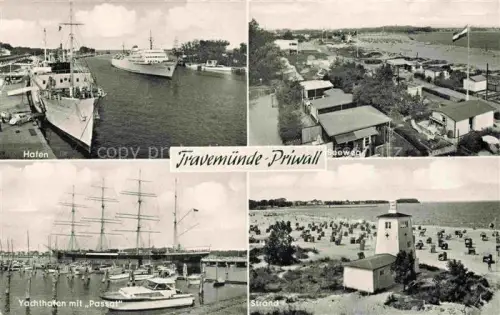 AK / Ansichtskarte Priwall Travemuende LueBECK Schleswig-Holstein Hafen Seeschiff Seeweg Yachthafen Passat Segelschiff Strand Strandkoerbe Leuchtturm Camping