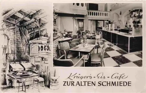 AK / Ansichtskarte LueBECK  CITY Kruegers-Eis-Café Zur-Alten-Schmiede Café-Innenraum Schachbrettboden Schmiedeskizze Muehlenstrasse