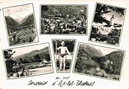 AK / Ansichtskarte Ax-les-Thermes Ax-les-Hermes FOIX 09 Ariege Pyrénées Bergtal Ortsansicht Kirchturm Schwimmbad Kind See Berge Thermalort Mehrbildkarte