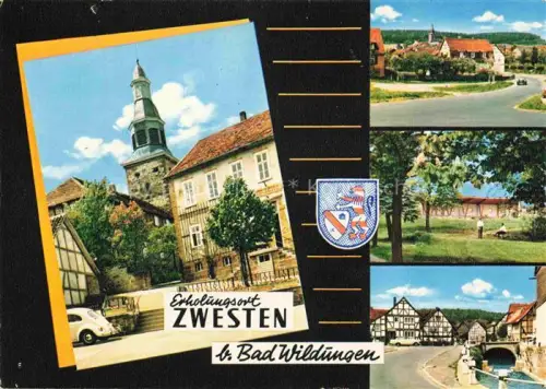 AK / Ansichtskarte Zwesten Bad Schwalm-Eder-Kreis Hessen Kirchturm Rathaus Fachwerkhaus Wappen Dorfansicht Strasse VW-Kaefer Bruecke
