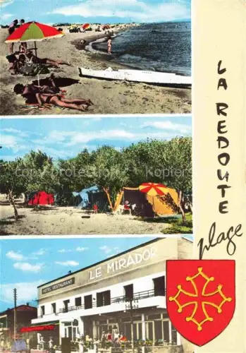 AK / Ansichtskarte La Redoute Plage Vias Beziers 34 Herault Strand Camping Sonnenschirm Zelte Hôtel-Le-Mirador Mittelmeer Languedoc-Wappen