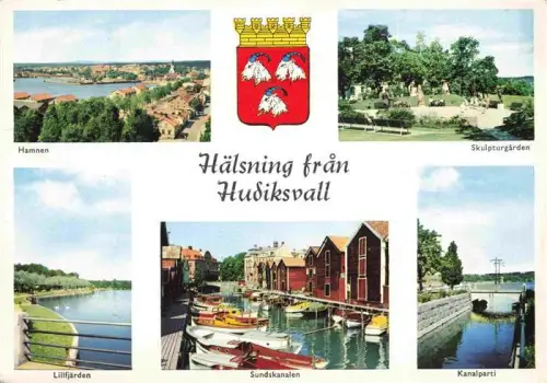 AK / Ansichtskarte Hudiksvall Gavleborgs Lan Sweden Hamnen Skulpturgården Lillfjaerden Sundskanalen Kanalparti Hafen Wappen Boote Stadtansicht