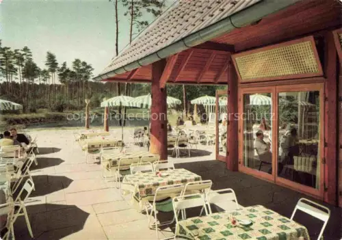 AK / Ansichtskarte BRUCHSAL Baden Autobahn-Rasthaus Hotel Terrasse Sonnenschirme Restaurant Kiefernwald Bundesautobahn Heidelberg-Karlsruhe