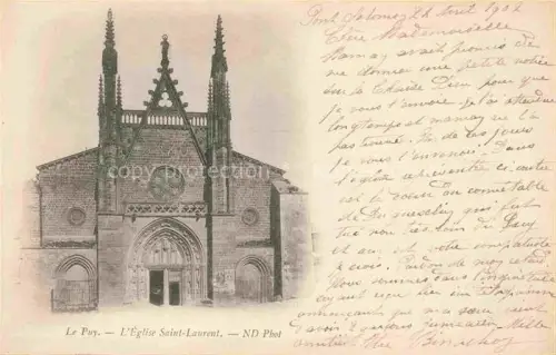 AK / Ansichtskarte Le Puy-en-Velay 43 Haute-Loire Église-Saint-Laurent Kirchenfassade Gotik Rosette Portal Tuerme Kirchenplatz