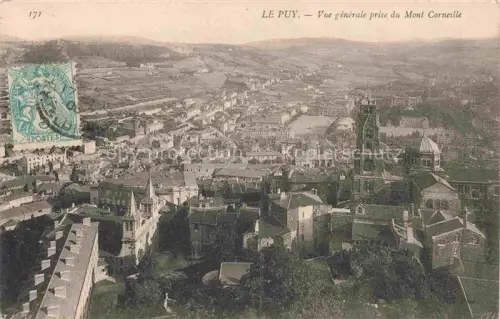 AK / Ansichtskarte Le Puy-en-Velay 43 Haute-Loire Mont-Corneille Kathedrale Kirchturm Daecher Tal Felder Stadtblick Vogelperspektive