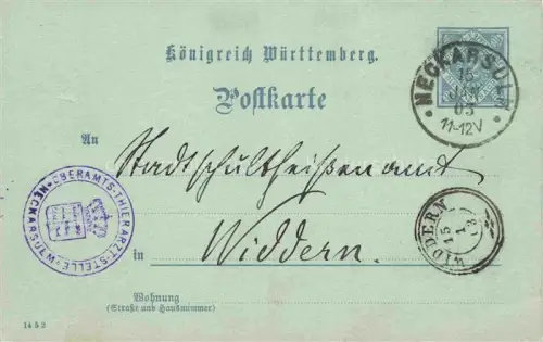 AK / Ansichtskarte Neckarsulm BW Ganzsache Koenigreich-Wuerttemberg Tierarzt Oberamts-Tierarzt-Stelle Widdern Postkarte