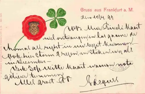 AK / Ansichtskarte FRANKFURT AM MAIN Kleeblatt Mohnblume Wappen-Siegel Gruss-aus handkoloriert Praegedruck Luzern