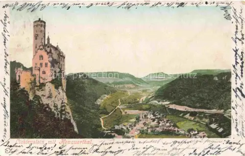 AK / Ansichtskarte Lichtenstein  Schloss Wuerttemberg Schloss-Lichtenstein Honauerthal Burg Felsen Tal Dorf Panorama Lithographie